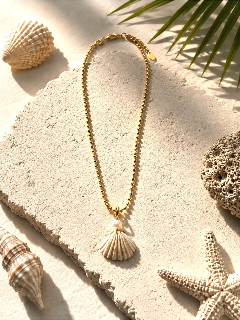 Gold Shell Pendant Necklace with Pearl Accent